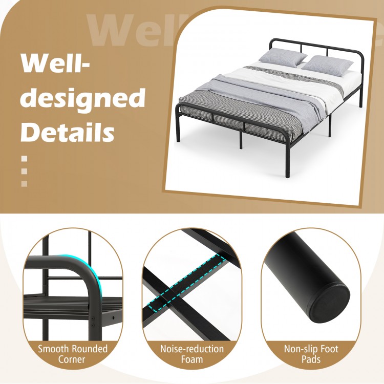 Full bed frame in black with headboard and footboard, featuring noise-reduction foam and non-slip foot pads for.