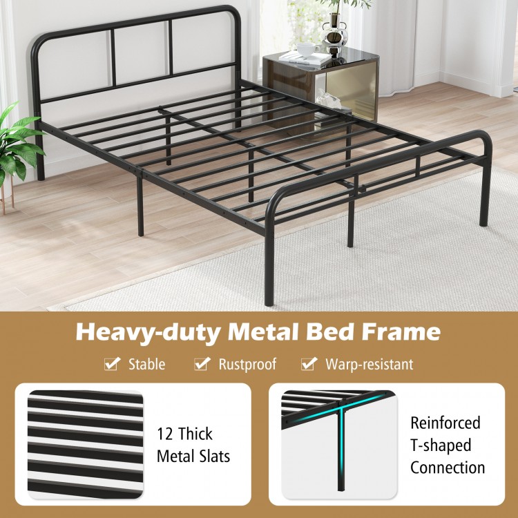 Full black metal bed frame with headboard and footboard, featuring 12 thick slats for sturdy mattress support.