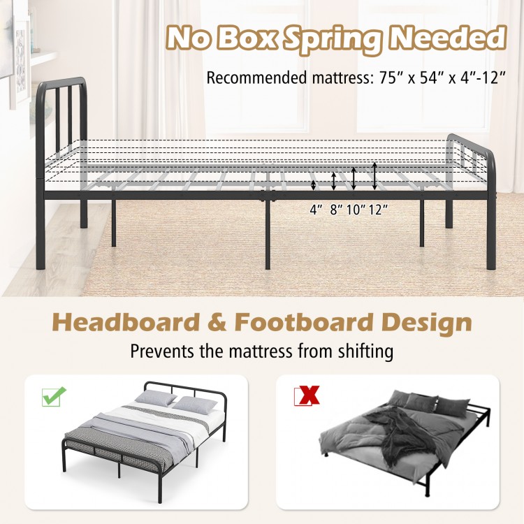Full bed frame in black with headboard and footboard, designed for 4"-12" thick mattress, no box spring needed.