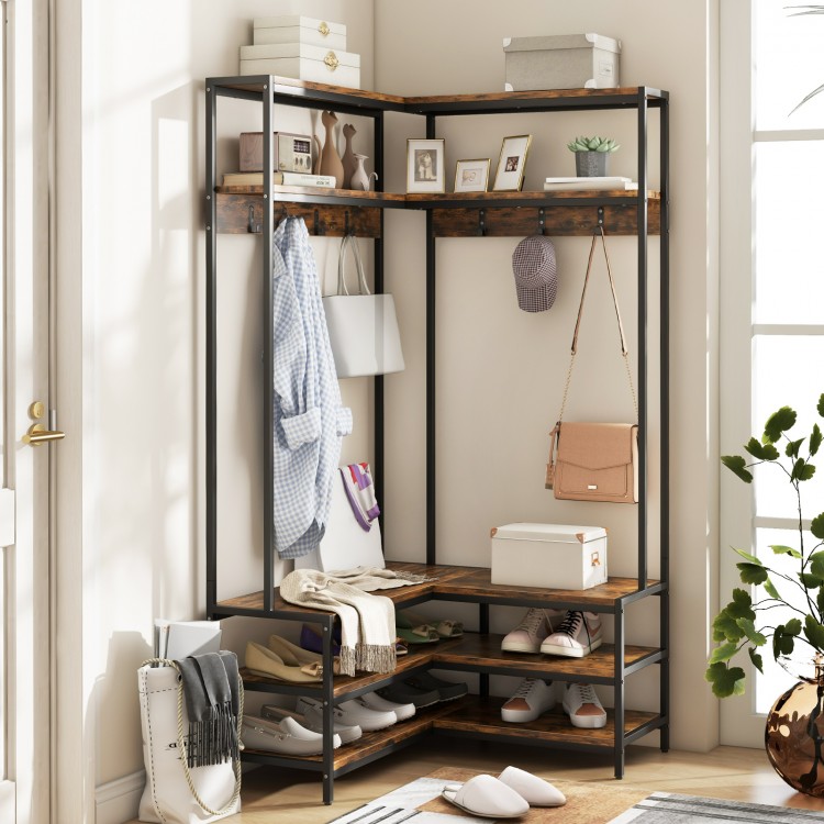 Corner garment rack in rustic brown with 7 hooks and open shelves, ideal for entryway or living room organization.