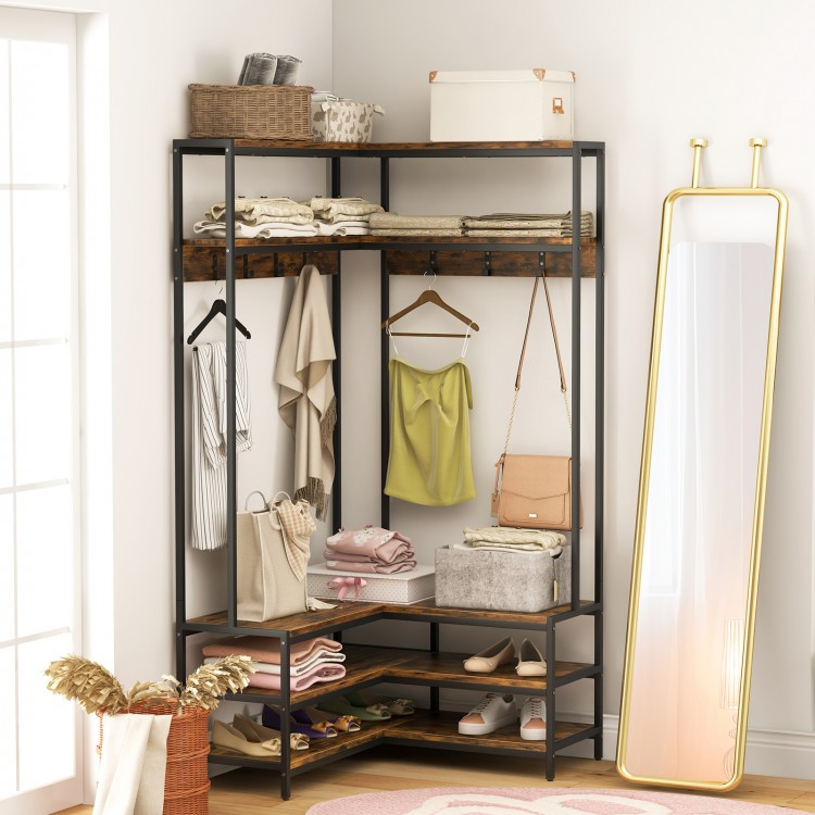 L-shaped corner garment rack in rustic brown with adjustable foot pads and 7 hooks, ideal for stylish and functional.