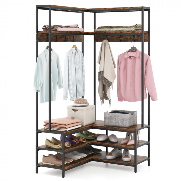 Corner garment rack in rustic brown with 7 hooks and open shelves, ideal for organizing shoes and coats in tight spaces.