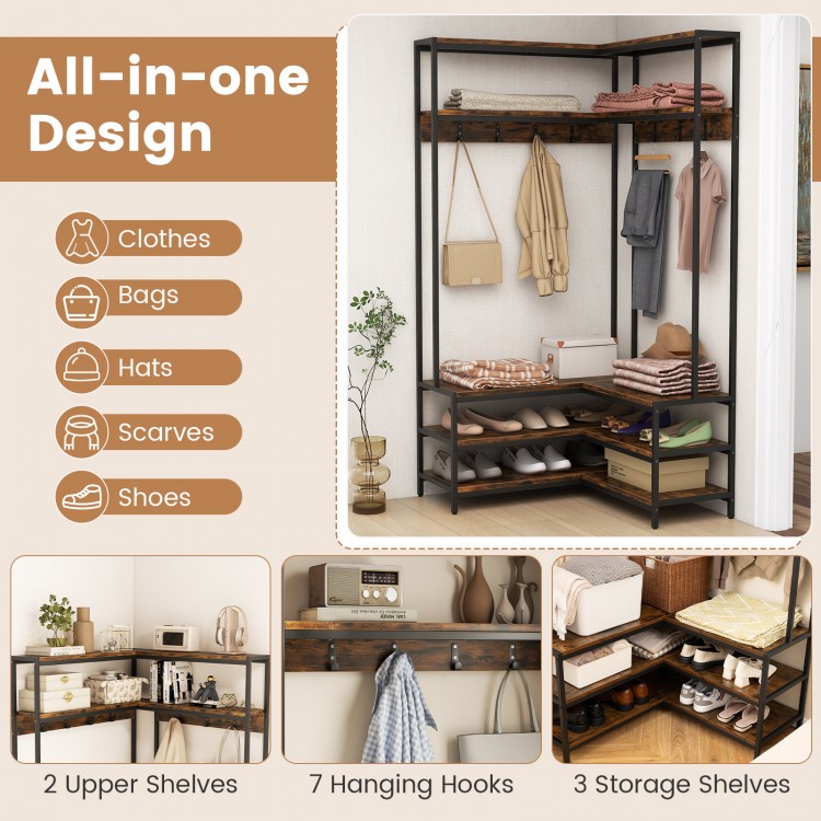 Corner garment rack in rustic brown with 2 upper shelves, 3 storage shelves, and 7 hooks for versatile storage.