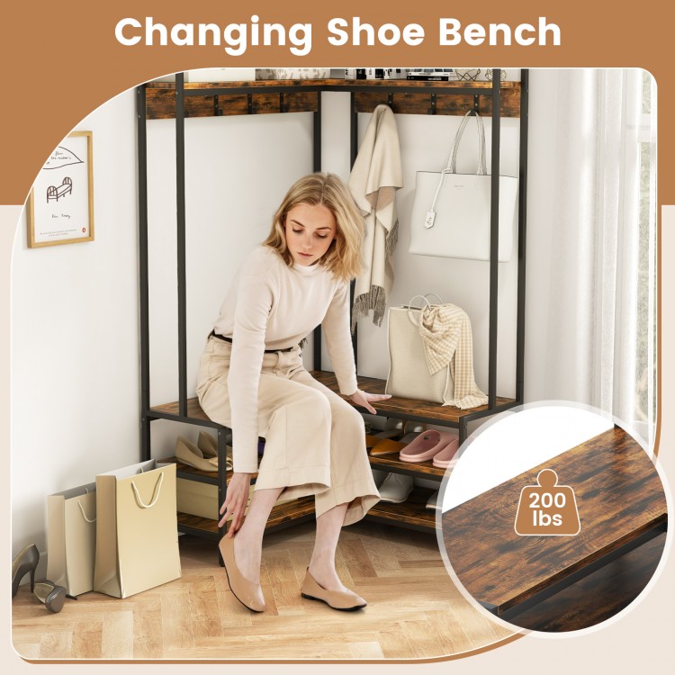 Changing shoe bench with rustic brown finish, featuring 7 hooks and open shelves for versatile storage in entryways.