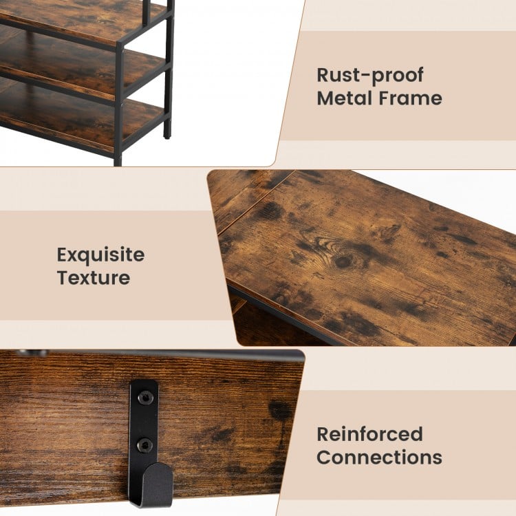 Rustic brown corner garment rack featuring a sturdy metal frame, open shelves, and 7 hooks for versatile storage.
