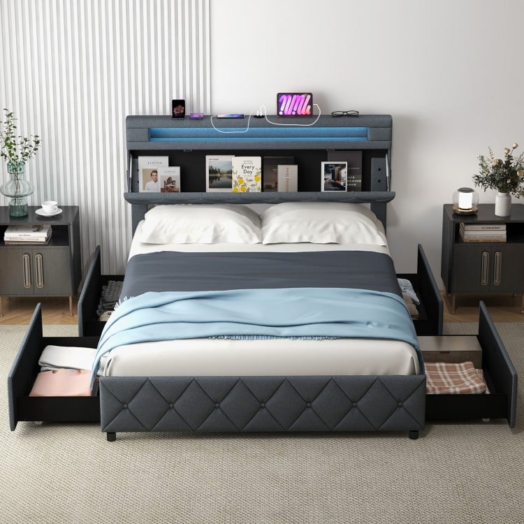 Full/Queen size bed frame with adjustable storage headboard, LED lights, and four sliding drawers for convenient.