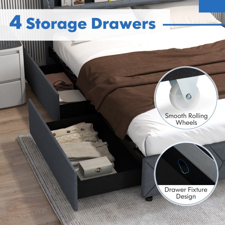 Full/Queen size bed frame featuring 4 storage drawers with smooth rolling wheels, ideal for organized bedroom storage.
