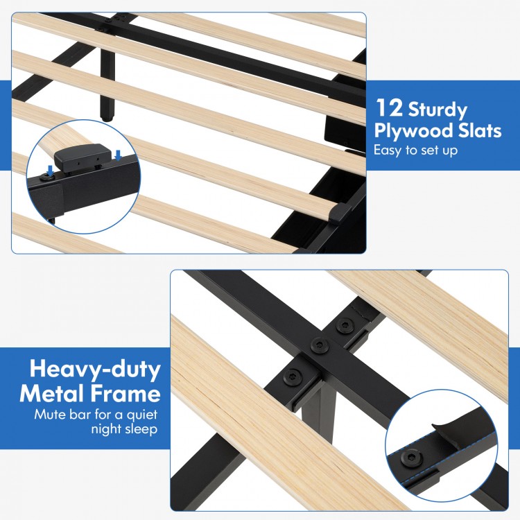 Close-up of the heavy-duty metal frame and sturdy plywood slats of the Full/Queen size bed frame with storage.