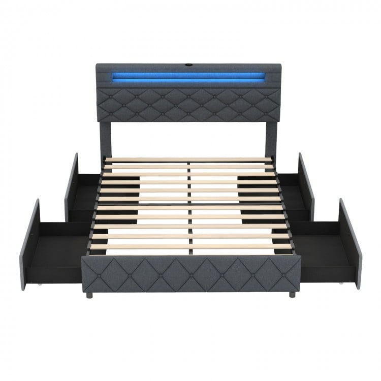 Full/Queen size bed frame with adjustable storage headboard, LED light, and four storage drawers for convenient.
