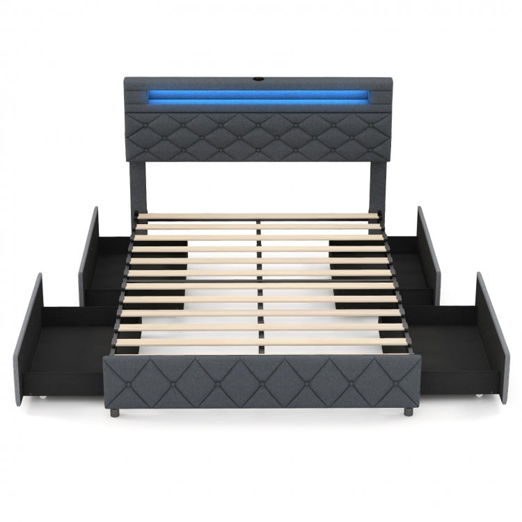 Full/Queen size bed frame with adjustable storage headboard, built-in LED light, and four storage drawers for.