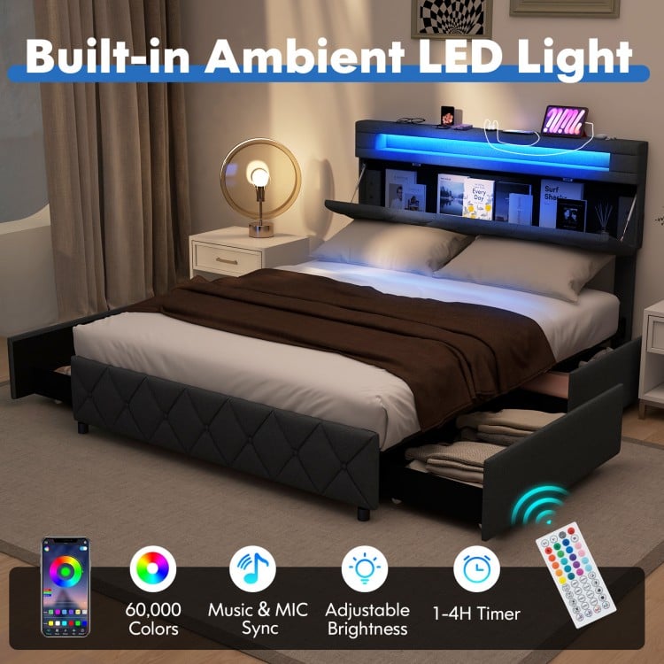 Full/Queen size bed frame with adjustable headboard, built-in LED light, and hidden storage for a modern bedroom setup.