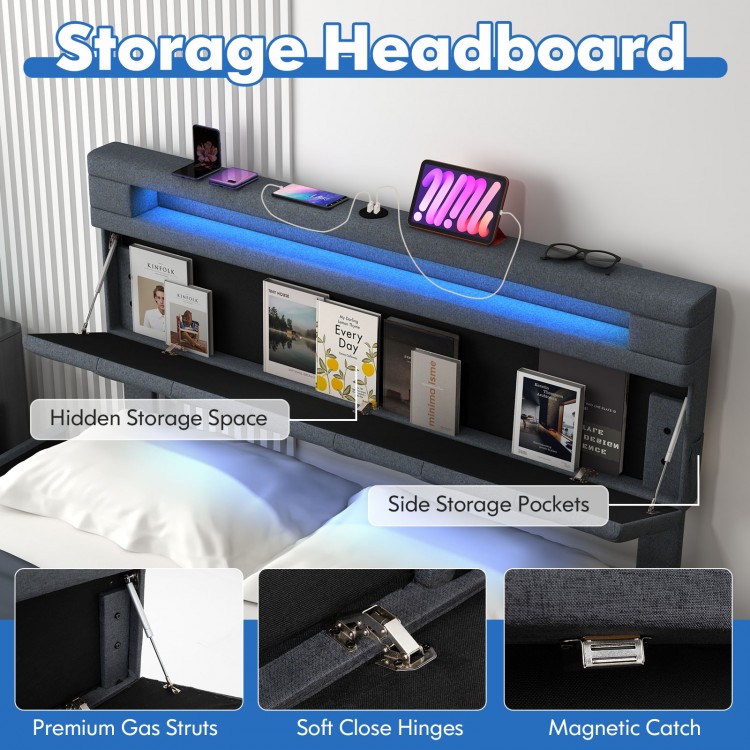 Adjustable storage headboard with LED light, USB ports, and side pockets for convenient bedside organization.