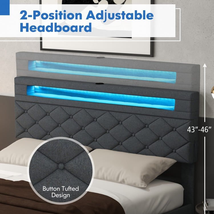 Adjustable headboard with ambient LED light, button-tufted design, and hidden storage for a modern bed frame.