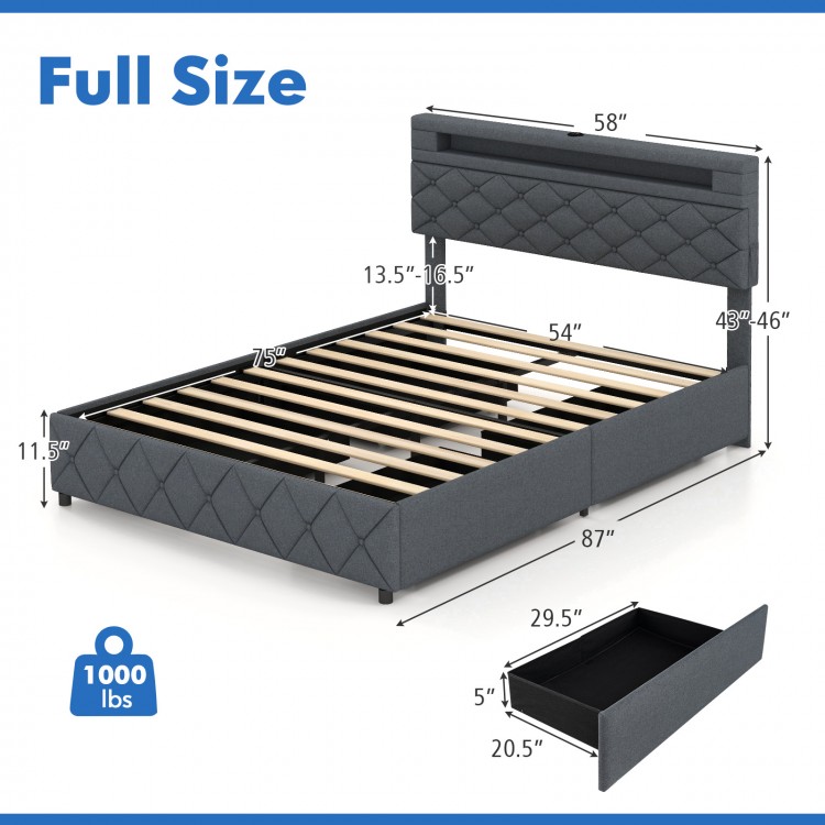 Full size bed frame with adjustable storage headboard, LED lights, and 4 drawers for convenient bedroom organization.
