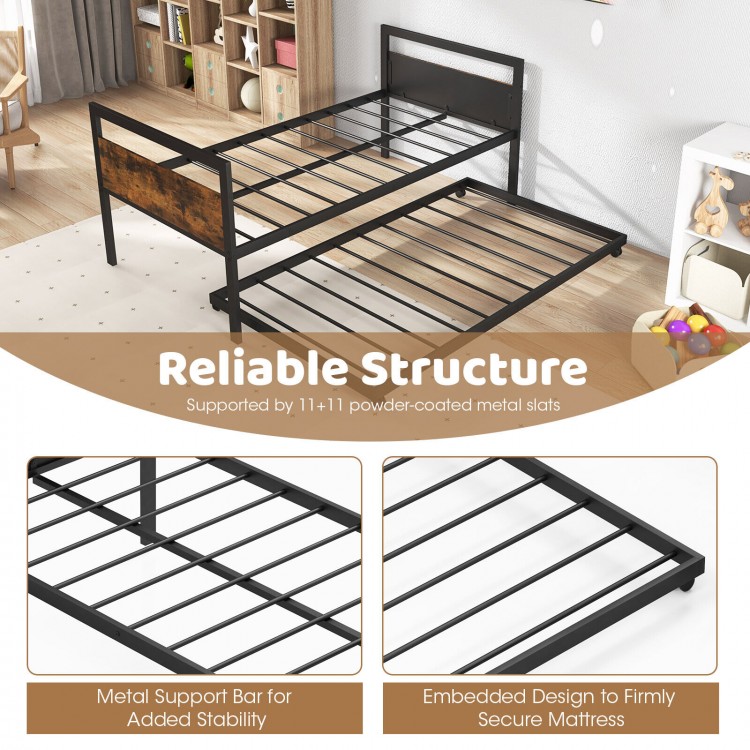 Twin metal daybed with trundle, featuring powder-coated slats and lockable wheels for stability and easy use.