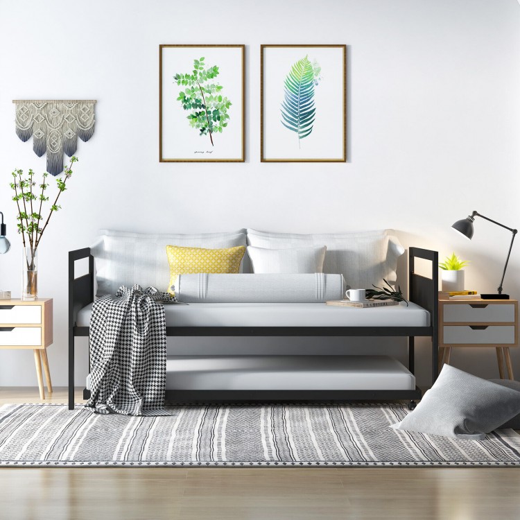 Twin metal daybed with trundle and lockable wheels, featuring a sleek industrial design for versatile room use.