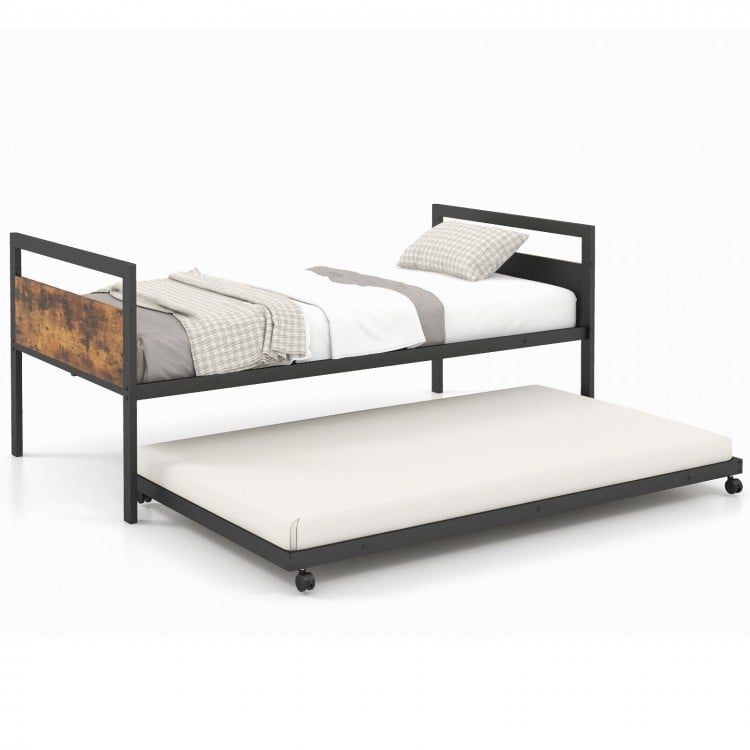 Twin metal daybed with trundle on lockable wheels, featuring sturdy slats and an industrial design for versatile use.