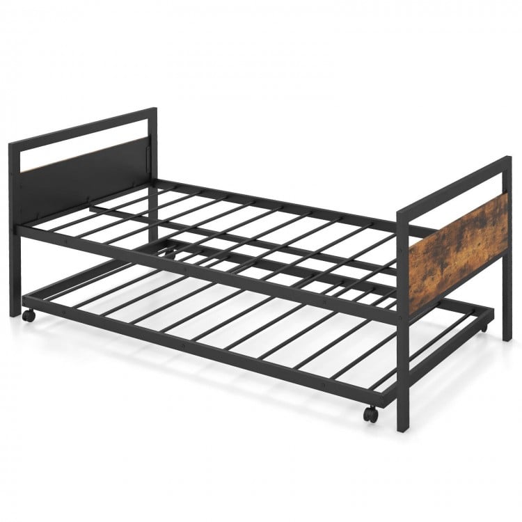 Twin metal daybed with trundle, featuring lockable wheels and industrial design, ideal for living room or guest room.