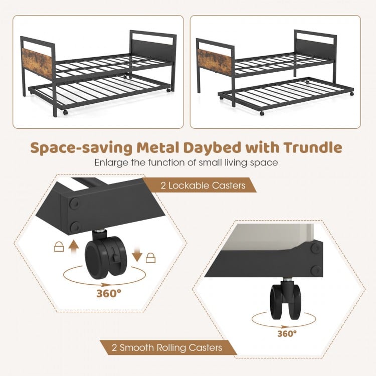 Twin metal daybed with trundle featuring lockable wheels, sturdy support, and industrial design for versatile living.