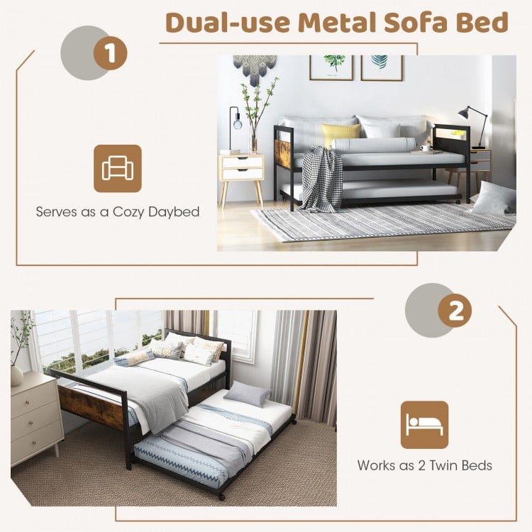 Twin metal daybed with trundle, featuring powder-coated slats and lockable wheels, ideal for living room or guest room.