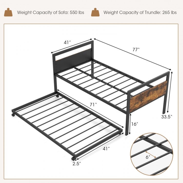 Twin metal daybed with trundle, featuring lockable wheels and sturdy slats, ideal for living room or guest room use.
