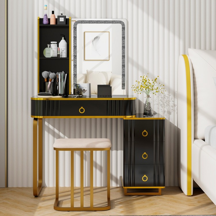 Side view of the black vanity table set showcasing its 3-tier storage shelves and large drawer for organized makeup.
