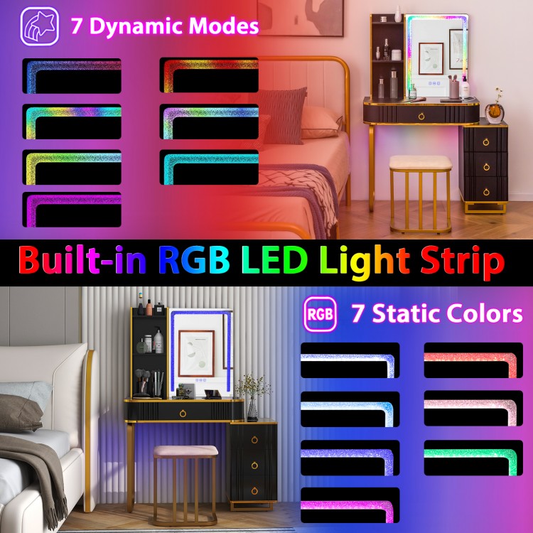 Vanity table set in black featuring RGB LED lights, wireless charging station, and cushioned stool for stylish storage.