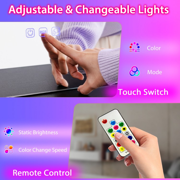 Touch switch and remote control for adjustable RGB LED lights on the black vanity table set with wireless charging.