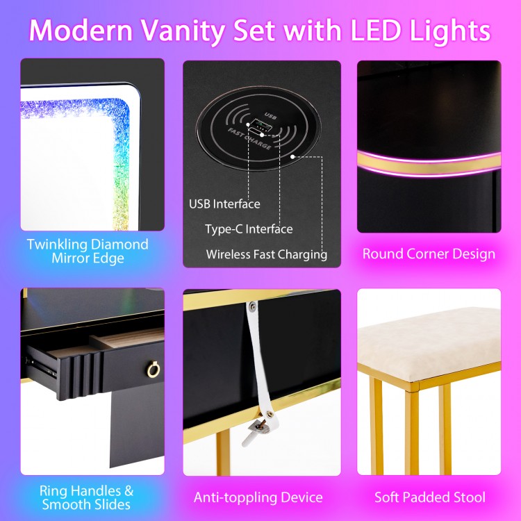 Close-up of the black vanity table's USB and Type-C ports, designed for convenient charging alongside stylish storage.