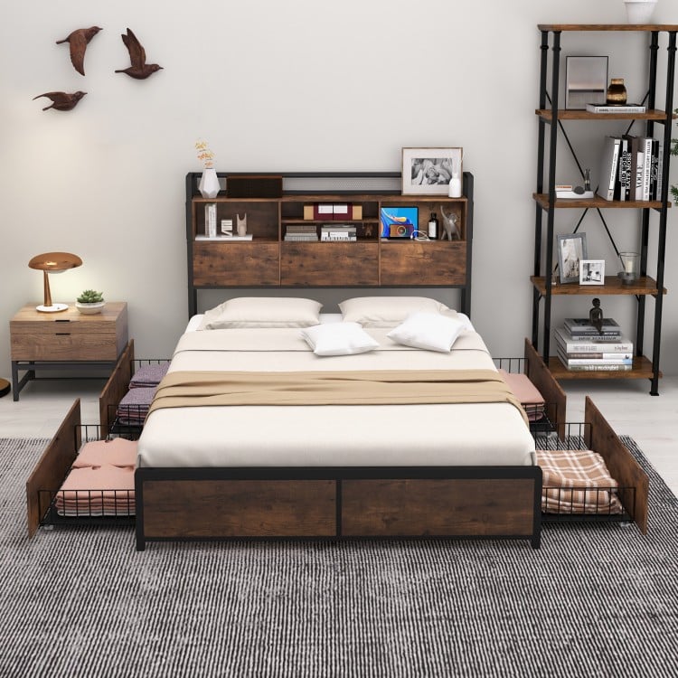 Full/Queen size bed frame with bookcase headboard, 4 storage drawers, and industrial design for organized bedroom space.