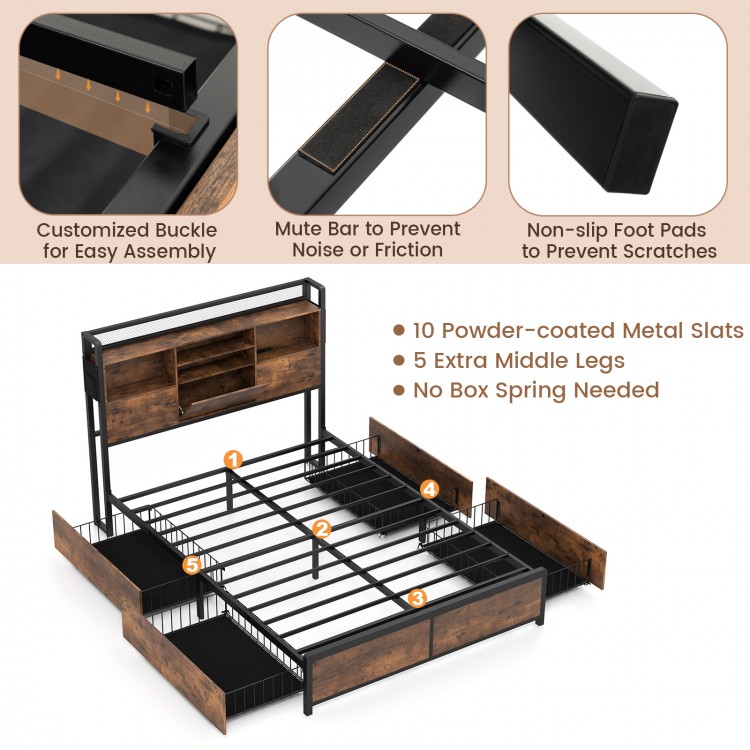 Full/Queen size bed frame with bookcase headboard, 4 storage drawers, and powder-coated metal slats for strong support.