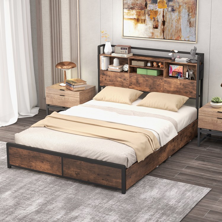 Full/Queen size bed frame with industrial bookcase headboard and 4 storage drawers, perfect for organizing bedroom.
