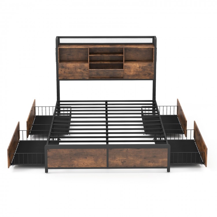 Full/Queen size bed frame with industrial design, bookcase headboard, and 4 storage drawers for organized bedroom.