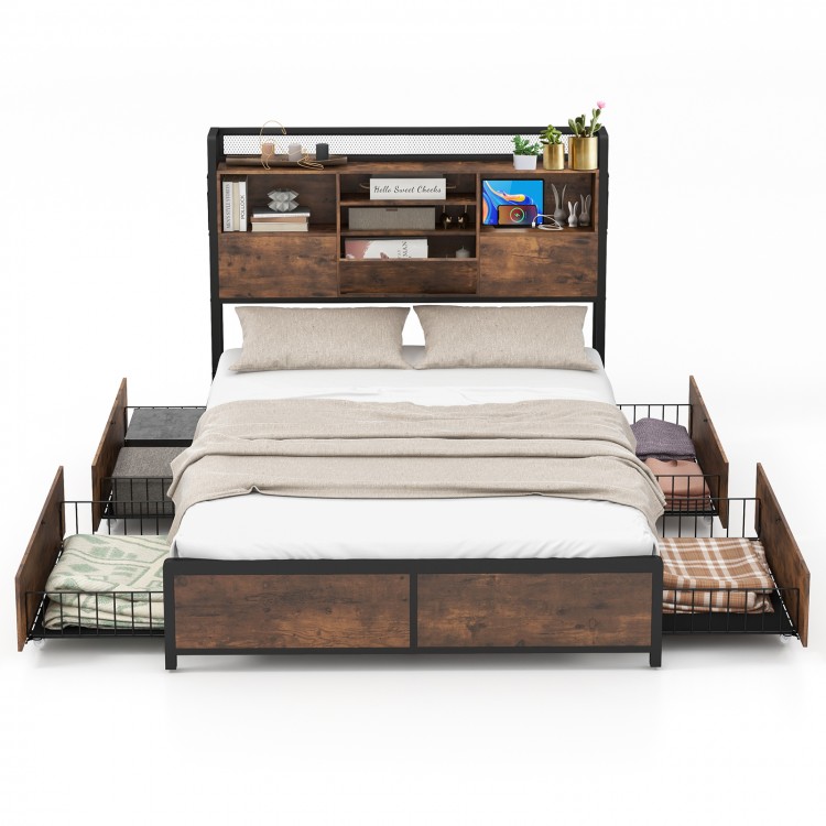 Full/Queen size bed frame featuring practical 4 drawers on smooth-rolling casters for easy storage and organization.