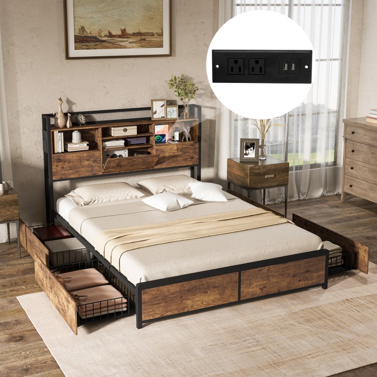 Full/Queen size bed frame with bookcase headboard, 4 storage drawers, and integrated charging station for convenience.