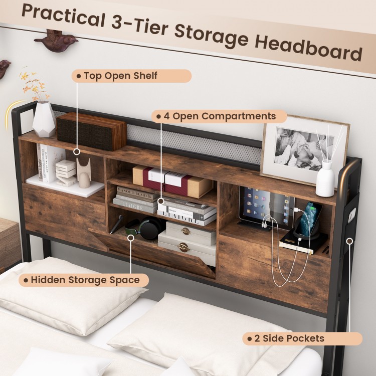 3-tier storage headboard with 4 open compartments and side pockets for bedside essentials, perfect for a full/queen bed.