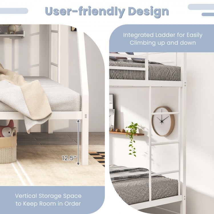 Space-saving white metal slatted bed frame with integrated ladder and vertical storage for organized rooms.