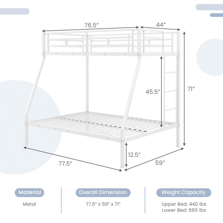 Space-saving white metal slatted bed frame with safety guardrails and ladder, designed for teens and adults.