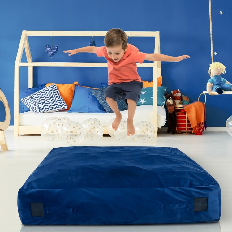 Blue 57 x 57 inch crash pad sensory mat with soft foam blocks, ideal for jumping, playing, and safe sensory stimulation.