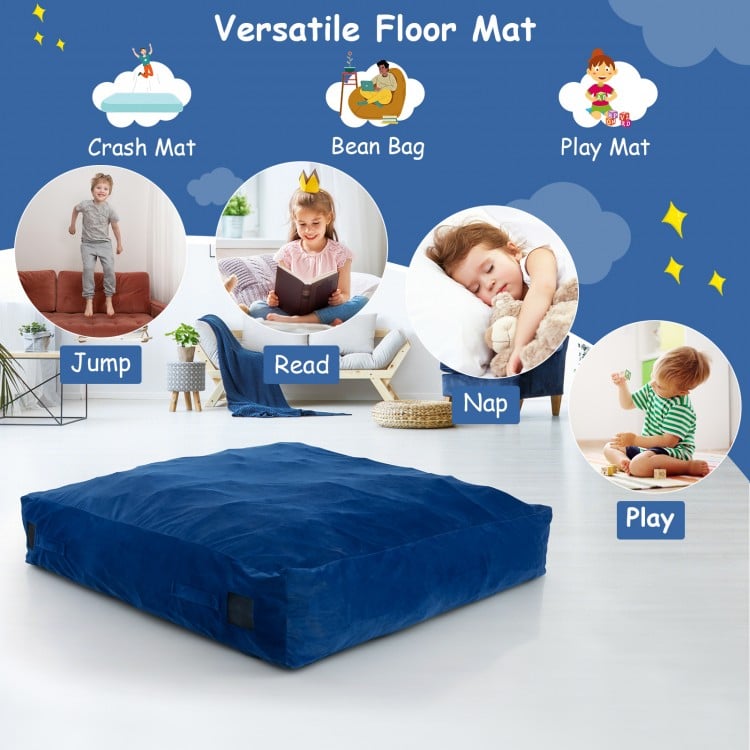 Versatile 57 x 57 inch blue crash pad sensory mat with washable velvet cover, ideal for jumping, reading, and napping.