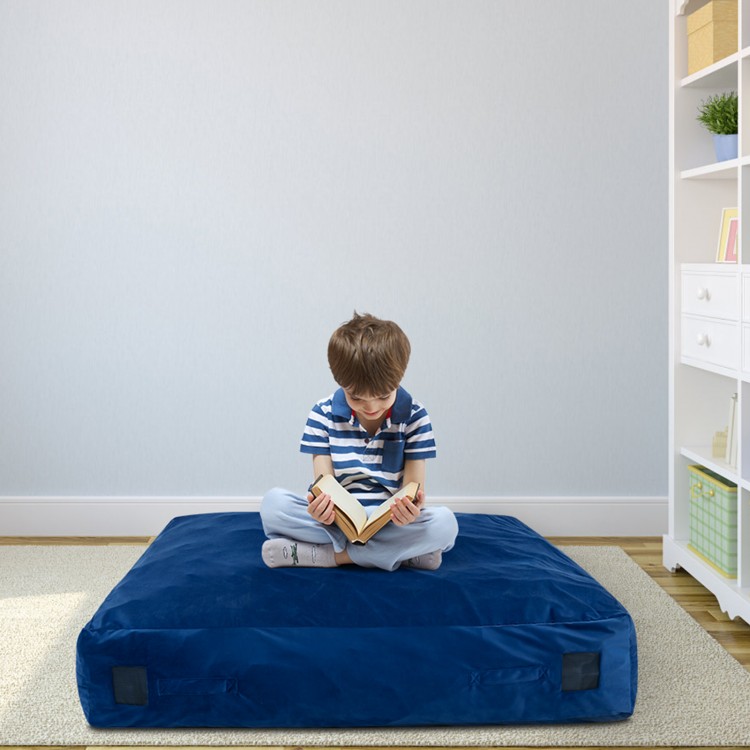 Blue 57 x 57 inch crash pad sensory mat with soft foam blocks, ideal for reading, playing, and safe sensory stimulation.