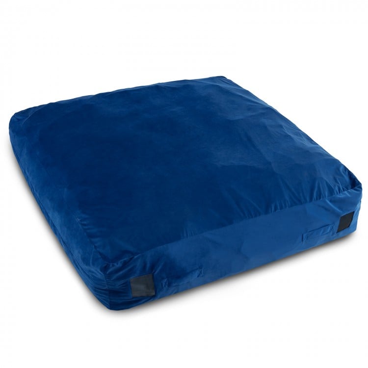 Blue 57 x 57 inch crash pad sensory mat with soft foam blocks, washable velvet cover, ideal for play and relaxation.