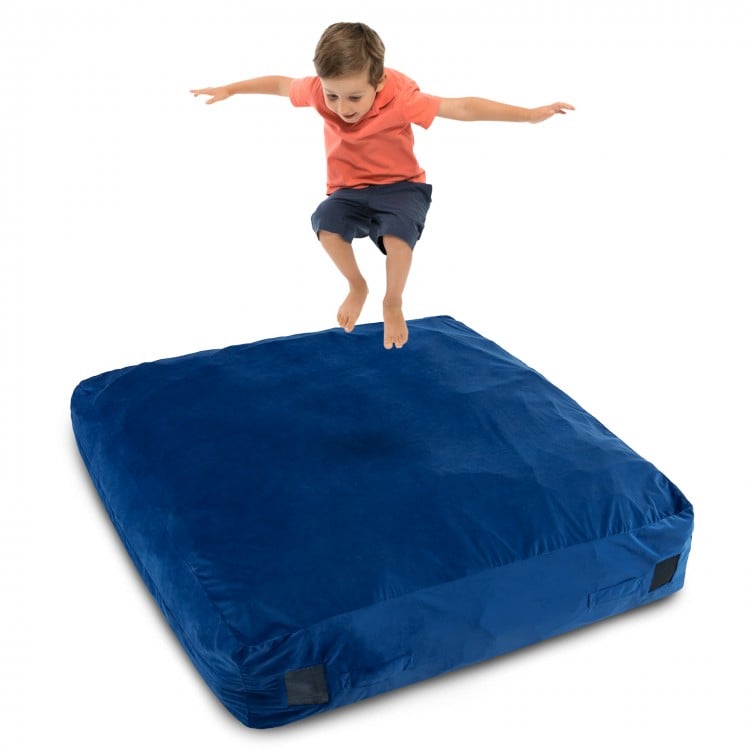 Blue 57 x 57 inch crash pad sensory mat with soft foam blocks, ideal for safe jumping and play for kids.