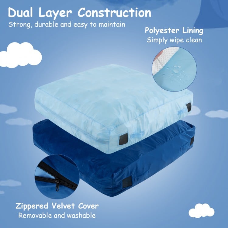 Blue 57 x 57 inch crash pad sensory mat with zippered velvet cover, foam blocks, and non-slip bottom for safe play.