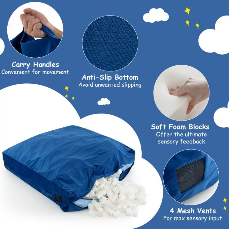 Blue 57 x 57 inch crash pad sensory mat filled with soft foam blocks, featuring a washable velvet cover and anti-slip.