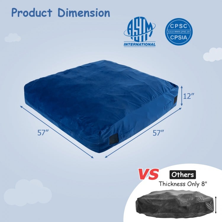 Blue 57 x 57 inch crash pad sensory mat with foam blocks and washable velvet cover, ideal for play and relaxation.