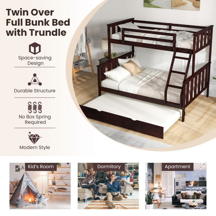 Twin over full bunk bed in espresso with trundle, featuring a space-saving design and sturdy wooden structure for kids'.