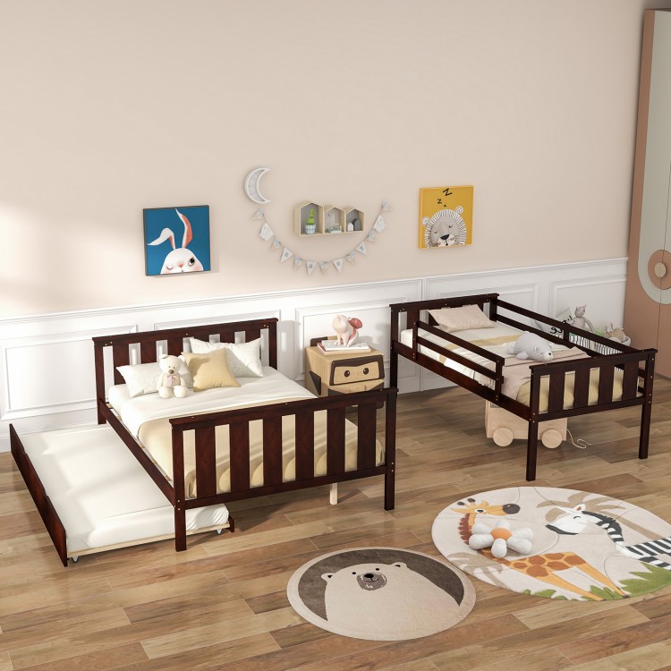 Espresso 3-in-1 twin over full bunk bed with trundle, featuring sturdy wooden slats and guardrails for safety.