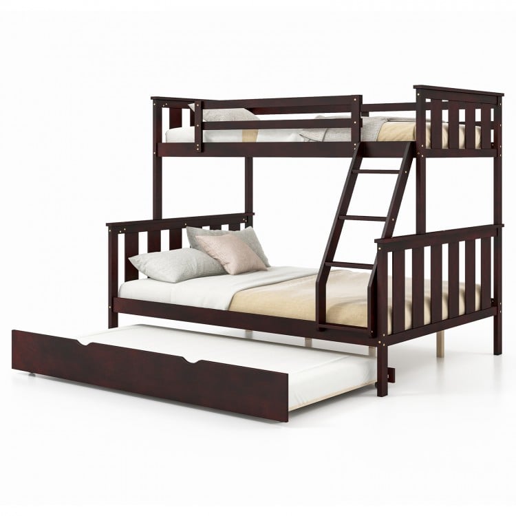 Espresso 3-in-1 twin over full bunk bed with trundle and ladder, featuring sturdy wooden slats and space-saving design.