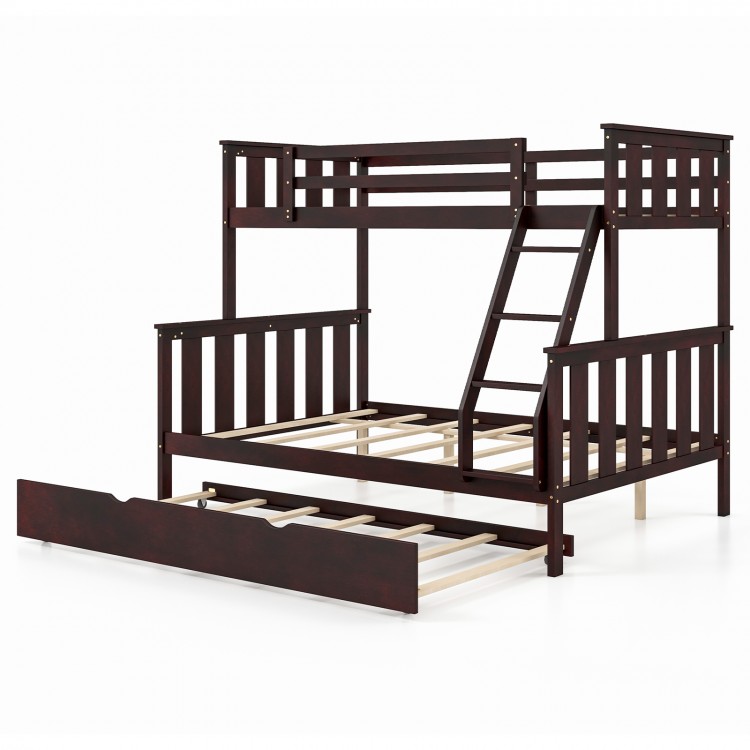 Twin over full bunk bed in espresso with trundle, sturdy ladder, and guardrails for space-saving bedroom solutions.
